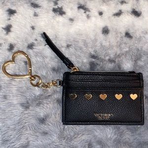 Victoria's Secret Black Heart Stud Credit Card Case 4 Card Slots Zip Keychain